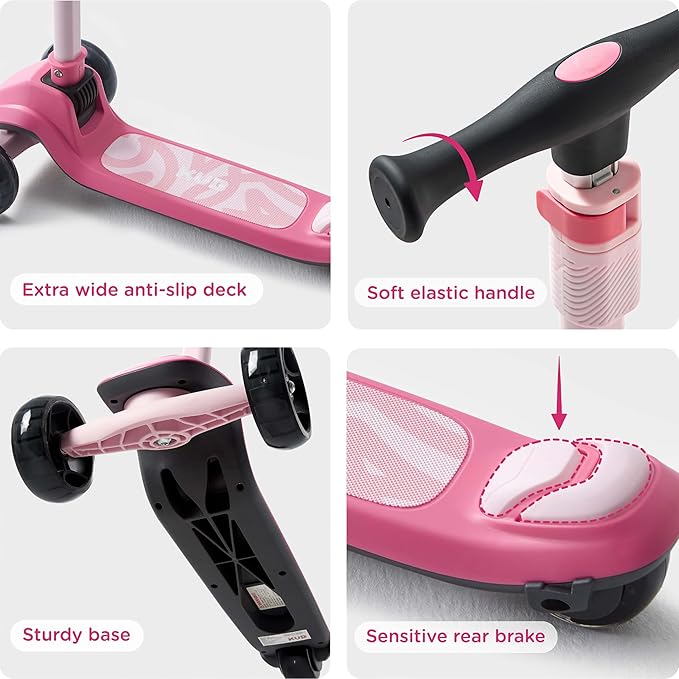 KUB Toddler Scooter for Kids Ages 2+, 3 Wheel Kick Scooter with LED Light-Up Wheels, Adjustable Height Handlebar, Lean-to-Steer, Anti-Slip Deck, Easy-Fold Design, Gift for Boys and Girls