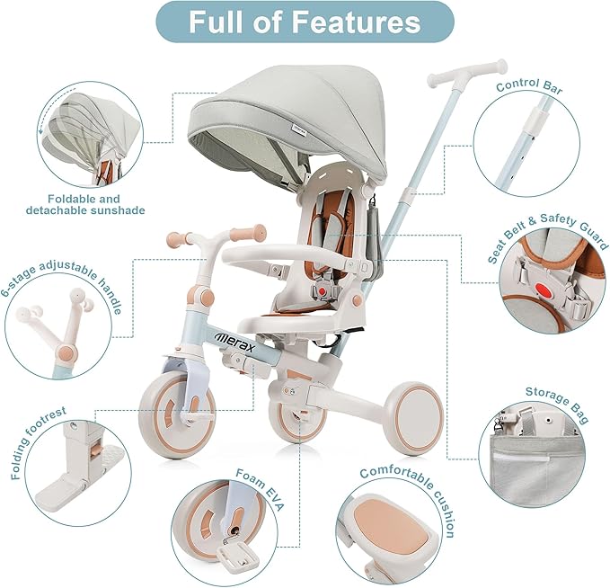 Toddler Trike Collapsible Frame Kid Rider Tricycle 7-in-1 Removable Pedal Ages 1Y-6Y