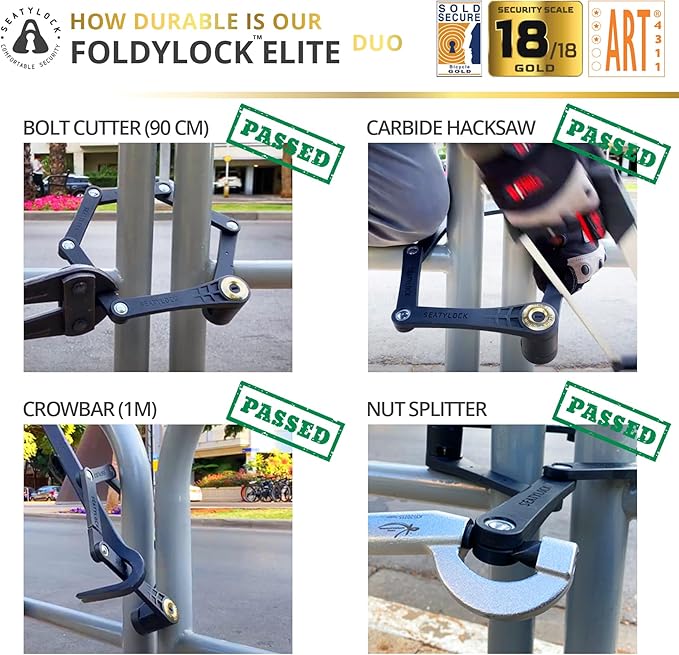 Seatylock Foldylock Elite Folding Bike Lock Set - Patented 2 Matching Bicycle Locks with 6 Identical Keys - 18/18 Heavy Duty Anti Theft Secure Guard with Keys & Case Mount - 43.3"