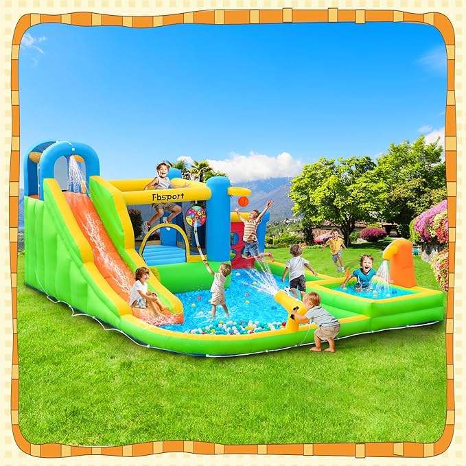 FBSPORT Inflatable Bounce House, 9 in 1 Water Slide with Blower, Bouncy House for Kids Indoor Outdoor Wet Dry Combo Water Bounce House with Football Shooting, Water Gun, Splash Pool, Bounce Area, Hose
