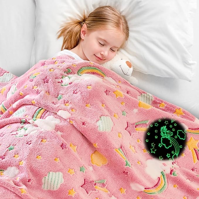 Wajade Rainbow Gifts Toys for Girls - Glow in The Dark Rainbow Blanket Birthday Christmas Decor for Kids Age 3 4 5 6 7 8 9 10 11 12 Years Old Teens Child Toddler Throw Pink 60"x80"