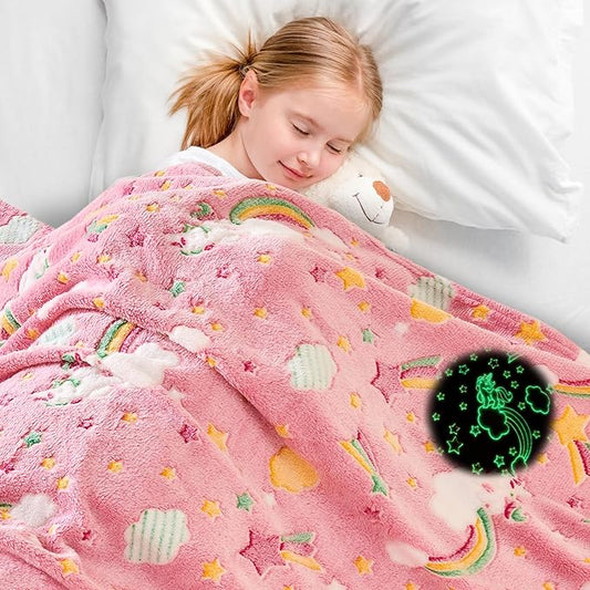 Wajade Rainbow Gifts Toys for Girls - Glow in The Dark Rainbow Blanket Birthday Christmas Decor for Kids Age 3 4 5 6 7 8 9 10 11 12 Years Old Teens Child Toddler Throw Pink 50"x60"