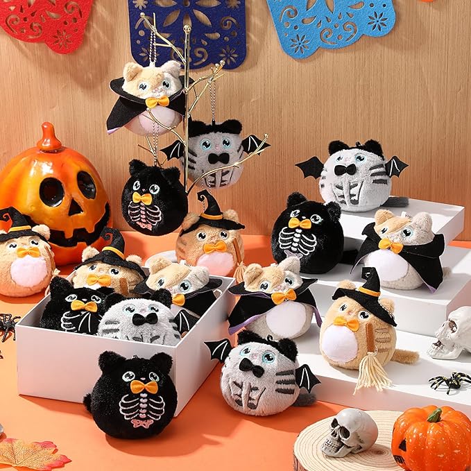 Soulchen 16 Pcs Halloween Stuffed Animal 4 Inch Plush Cat Toys Bulk Mini Halloween Plushies with Keychain Small Kawaii Plush Kitten Characters Trick or Treat Goodie Bag Fillers Party Favors