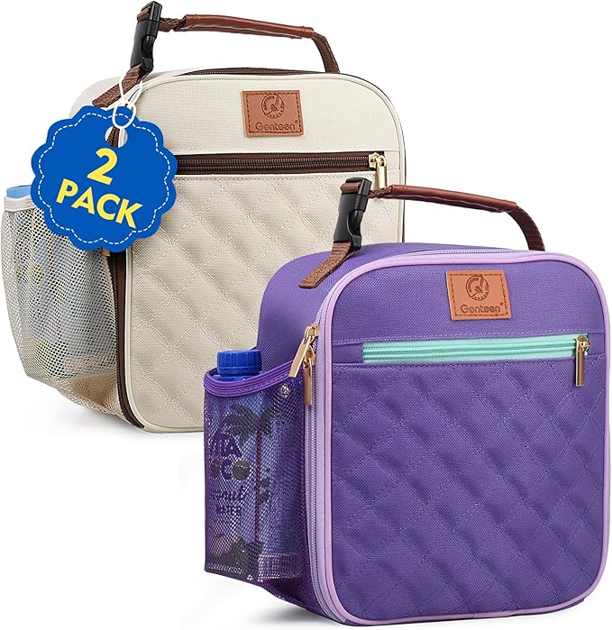 Genteen Lunch Bag for Women Men Girls Teens Insulated Leakproof LunchBox for Adult Reusable Lunch Box with Bottle Holder for Work Office School Travel Picnic-Purple/White