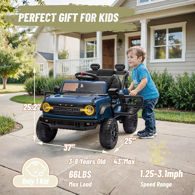 12V Ride on Toy for Kids, Ford Bronco Raptor Kids Electric Car with Parent Remote Control, Battery Powered Truck Car with 4-Wheel Suspension, LED Light, Bluetooth, 3 Speeds (12V, Deepblue)