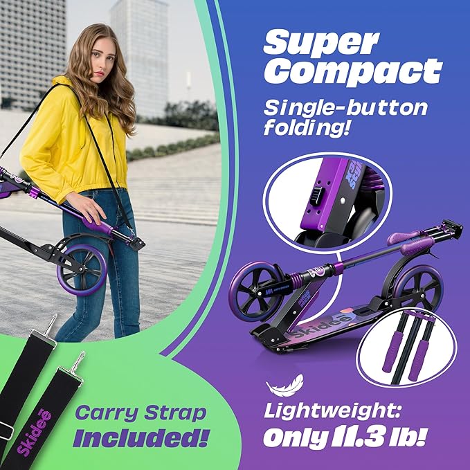 Skidee Adult & Teen Scooter Adjustable Height, Folding, Large Wheels, Lightweight, Durable, Anti-Shock Suspension, Up to 220 lbs