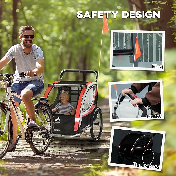Aosom 3-in-1 Walk/Jog/Ride Child Baby Bike Trailer for Kids 2 Seater, High-Visibility Bike Stroller for Toddler Wagon, Weather-Strong Double Bicycle Trailer Accessory for Kids