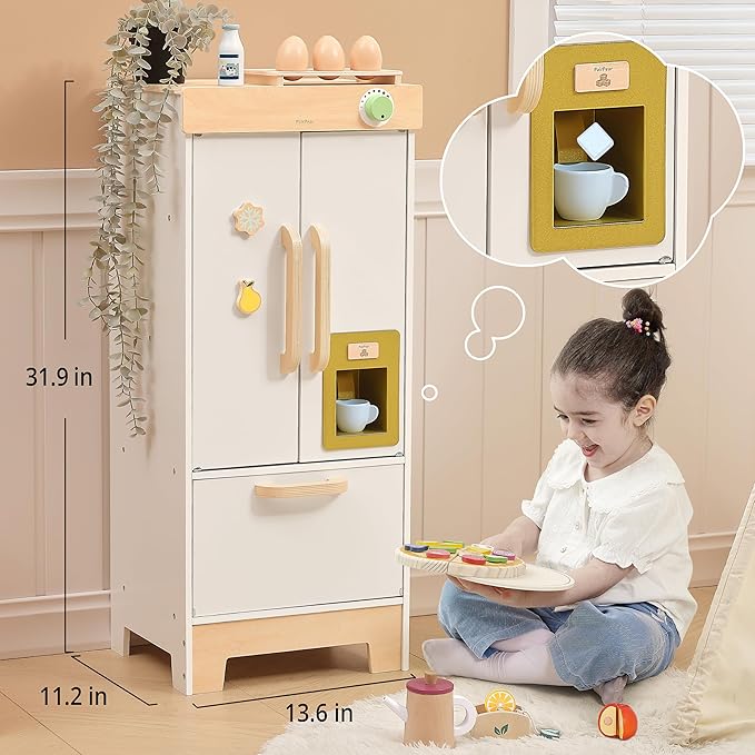 PairPear Wooden Toy Fridge for Kids Kitchen, Toddler Pretend Play Refrigerator with Real Ice‑Drop, Magnetic Stickers, Kids Toy Food Play Kitchen Accessory Gift for Boys & Girls Age 3+