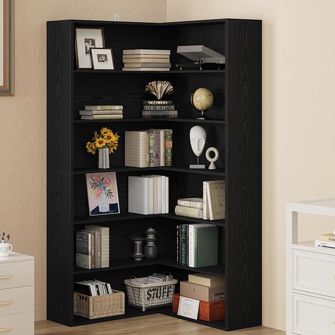 ANCTOR Corner Bookshelf, 6 Tiers Corner Bookcases with Baffles Etagere Shelf Storage Rack for Living Room Home Office, Black