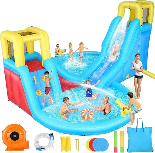 WHUBEFY Inflatable Water Slides for Kids - Blow Up Water Park with Climbing Wall, Water Gun, 2 Pool Slides