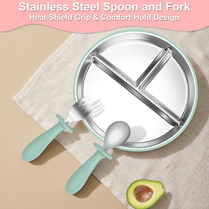 Bella’s Friends Baby Feeding Set, 2 Pack Stainless Steel Divided Plate with Silicone Suction, 2 Set Spoons and Forks, BPA Free, Dishwasher Safe, Baby Led Weaning Supplies, Toddler Utensils,beige green