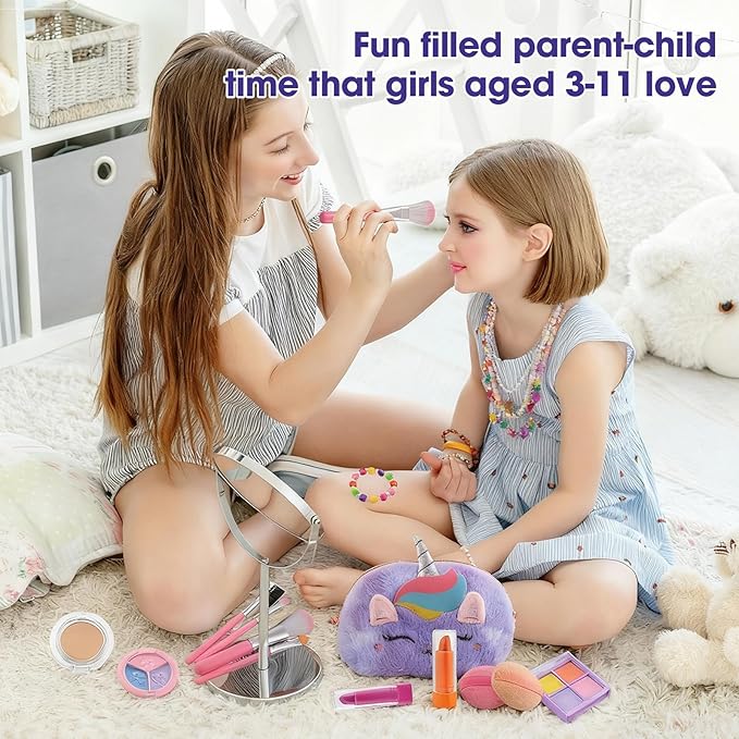 21 Pcs Kids Makeup Kit for Girls with Oversized Fluffy Unicorn Travel Makeup Organizer, Washable Pretend Cosmetic Play Set with Portable Vanity Makeup Bag, Princess Make Up Gifts for Girls Ages 3–12