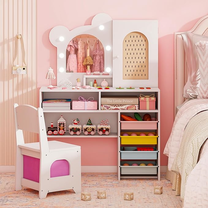 Costzon Kids Vanity with Lights, Girls Vanity Set with Mirror, Storage Drawers, Cabinet & Shelves, Toddler Makeup Vanity Desk Dressing Table, Wooden Kids Vanity Table and Chair Set (White)
