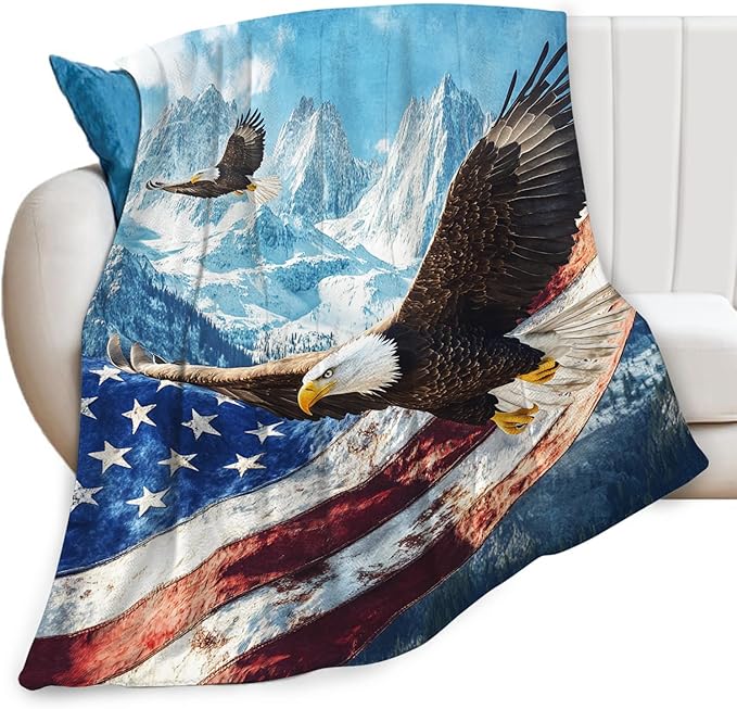 Eagle American Flag Blanket, Bald Eagle Throw Blanket, Soft Cozy Stuff Fleece Blankets Gifts for Mens Boys Couch Sofa Bed 50" x 40"