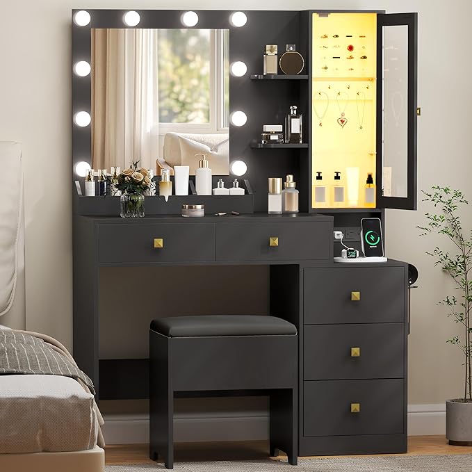 Vanity Desk with Mirror and Lights,Makeup Table with Charging Station & RGB Storage Cabinet,Large Drawer & Storage Shelves,5 Drawer,Bedroom Dressing Table, Black