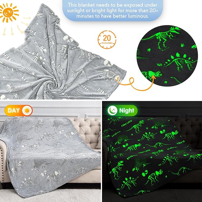 Dinosaur Gifts Toys for Kids Boys - Dino Glow in The Dark Blanket Christmas Birthday Valentines Easter Presents for Age 2 3 4 5 6 7 8 9 10 11 Years Old Teen Girls Toddler Children Throw Gray 50"x60"