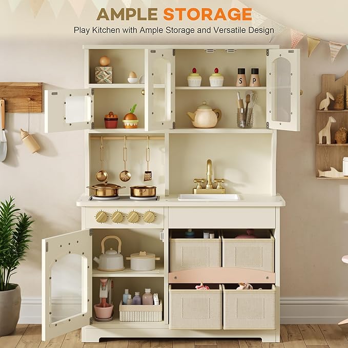 Play Kitchen for Kids, Wooden Toy Kitchen Set with Smart Storage & Accessories, Toddler Kitchen Playset with Stove & Oven, Pretend Play Set, Gift for Ages 3-8, White