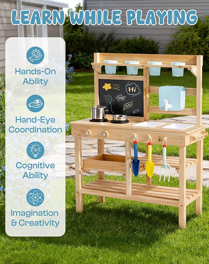 ROBOTIME Mud Kitchen for Kids Outdoor, Wooden Outdoor Play Kitchen with Accessories, Kid Kitchen Playset for Backyard Pretend Cooking or Planting, Toy Kitchen for Imaginative Play Boys Girls Ages 3+