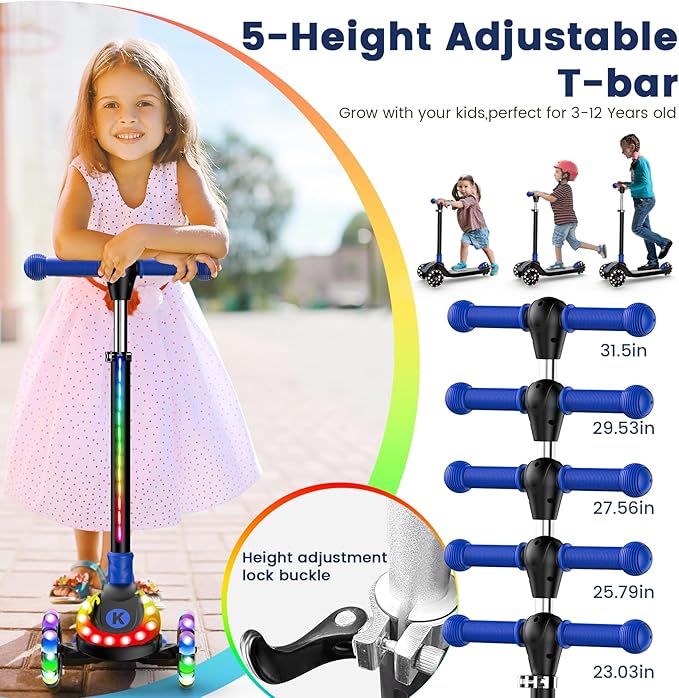 2-in-1 Adjustable Kick Scooter for Kids 3-5 (Suitable 3-12 Years),5-Level Handlebar & Removable Seat, LED Light-Up Wheels, Wide Deck, Foldable Design for Indoor/Outdoor Use - Girls & Boys