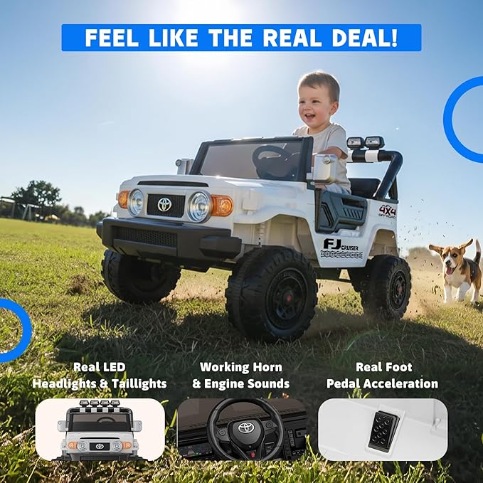 24V Ride on Toys for Kids, Licensed Toyota FJ, 2 Seater Ride on Car with Remote Control, Electric Car w/ 4-Wheeler Suspension, Led Light, Music, USB, Electric Vehicle for Age 3-8, White