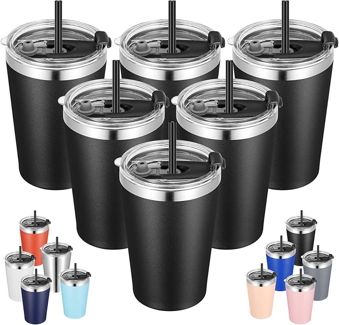 VEGOND 12oz Tumbler Stainless Steel Tumbler bulk Vacuum Insulated Double Wall Travel Tumbler with Lid and Straw Reusable Tumbler, Black 6 Pack