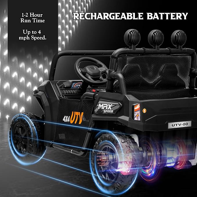 24V 2 Seater Ride on UTV Car, 4WD Ride on Toys for Kids with Remote Control, Shock Absorbers, LED Lights, Music, Off-Road Electric Car for Kids Boys Girls (Black)