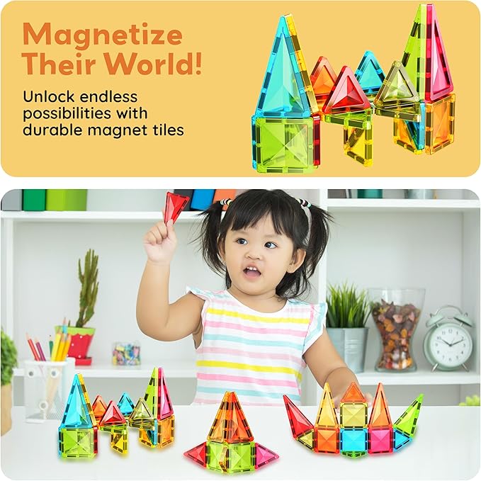 PicassoTiles 36pcs Mini Size Magnetic Tiles Magnet Toys Diamond Series Sensory Construction Building Blocks Set STEM Learning Travel Size Educational Toy for Kids Boys Girls Toddlers Age 3+ PTM36