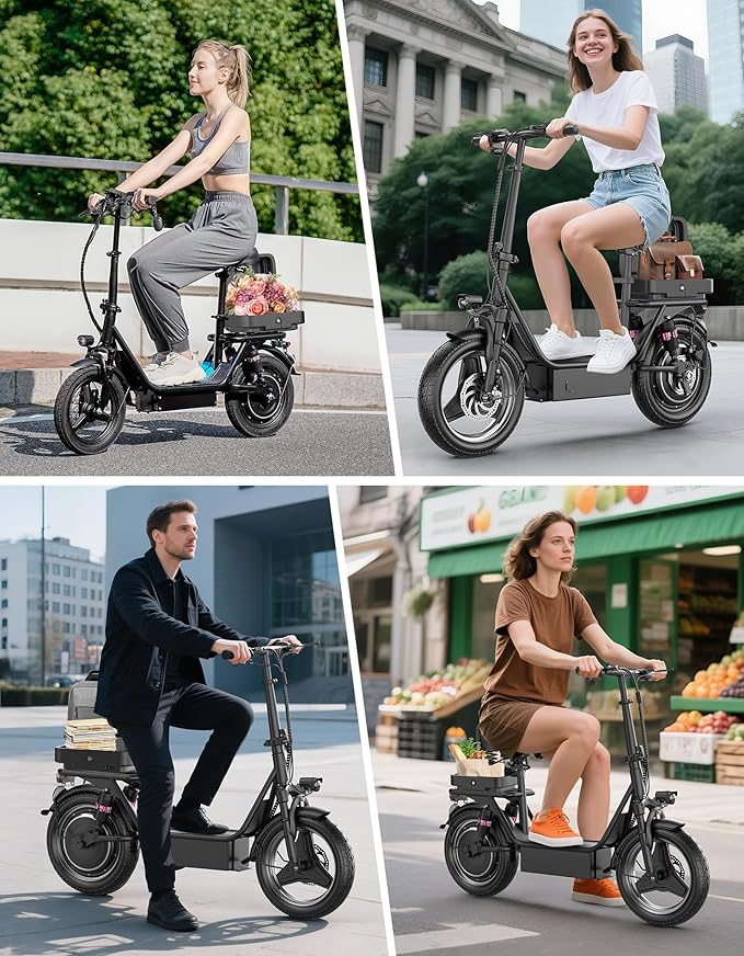 Electric Scooter Adults, 1000W Peak Motor, 40 Miles Range Scooter with Seat, 30MPH Top Speed, Foldable Escooter with Large Middle Basket for Pets and Cargo, Dual Suspension for Commuting