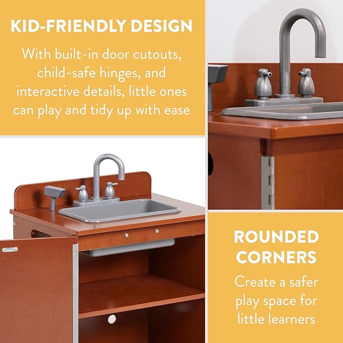 Chef's Station Kids Wooden Pretend Kitchen Sink, Play Kitchen, Dark Walnut