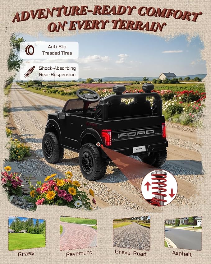 First Ride On 24V Ride on Toys for Big Kids, Licensed Ford F-150 Raptor 2 Seater Kids Ride on Car w/Remote Control, Toddler Electric Car w/LED Lights, Bluetooth, Truck Bed Storage, Soft Start (Black)