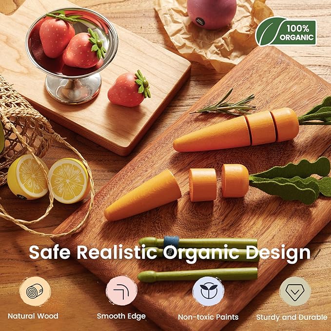 Tiny Land Organic Wooden Vegetable & Fruit Play Set – 7PCS Pretend Food for Kids, Montessori Kitchen Toy for Toddlers, Role Play Grocery Gift