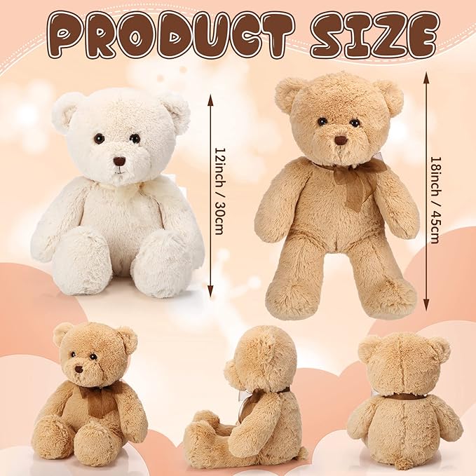 HyDren 2 Pack Plush Bear Stuffed Animals 18 Inch Cuddly Stuffed Bear Plushies with Bow for Birthday Gifts Baby Shower Party Favor Decors Operation Christmas Bulk(Beige, Light Brown)