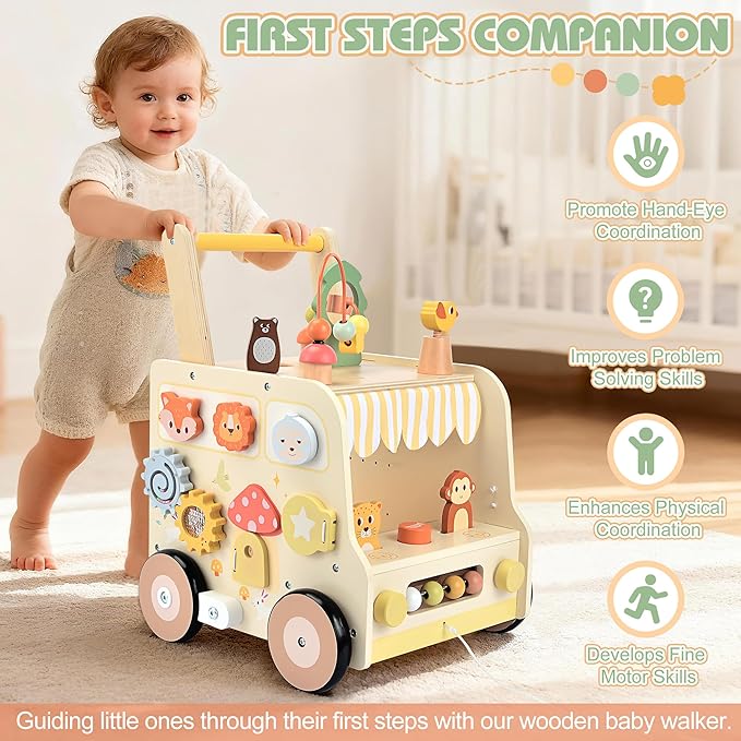 Wooden Activity Cube Push Walker, Wooden Baby Walker, Montessori Toys for Babies 10-12 Months 1 2 3 Years Old Boys & Girls, Help Learning to Walk & Sit-to-Stand