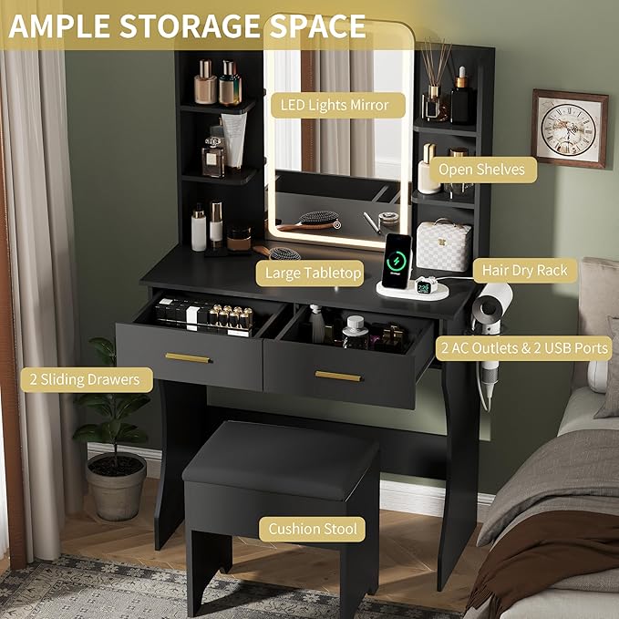 Small Vanity Desk with Mirror and Lights, Makeup Vanity Table Set with 3 Lighting Modes & Adjustable Brightness, Power Outlet, Storage Drawers, Cushioned Stool, Dressing Table for Women Girls