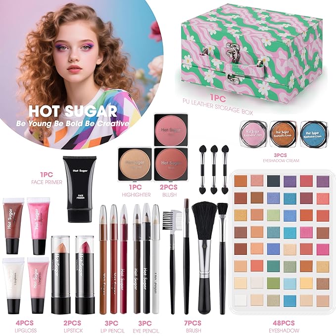 Hot Sugar Makeup Kit for Preteen Girls 10-12, Birthday Christmas Makeup Gift Set for Teens 16-18, All in One Beginner Makeup Kit for Women Full Kit (Floral Green)