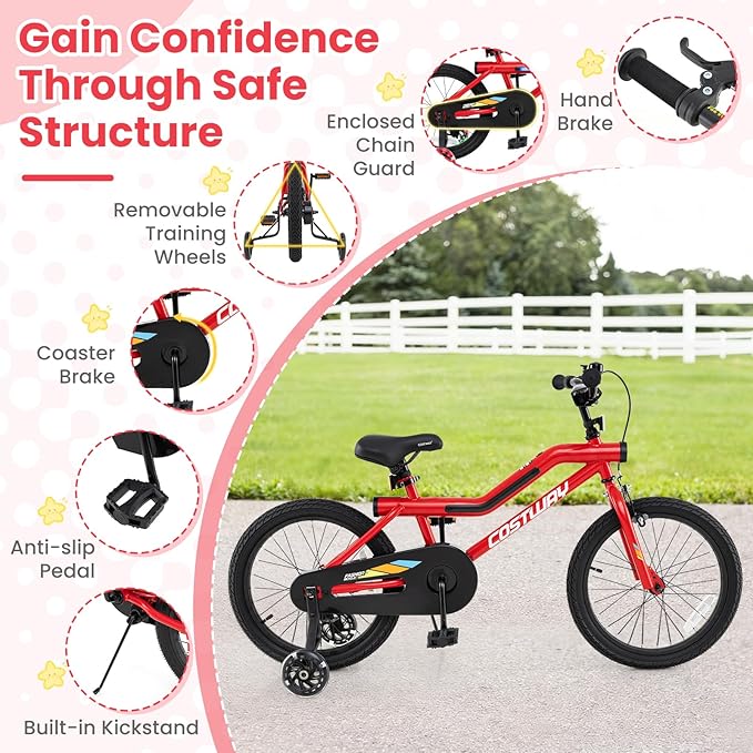 COSTWAY 16”/18” Lighted Kids Bike, Children Sport Bicycle with LED Light-up Frame, Adjustable Saddle, Training Wheels, Handbrake & Coaster Brake, Kids Riding Bike for 4-7/4-8 Years Old Boys & Girls