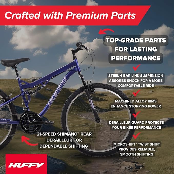 Huffy Stone Mountain Hardtail Mountain Bike for Boys/Girls/Men/Women, 20"/24"/26" Sizes, 6 or 21 Speed Shimano Twist Shifting, Front or Dual Suspension, Comfort Saddle, Sleek Colors