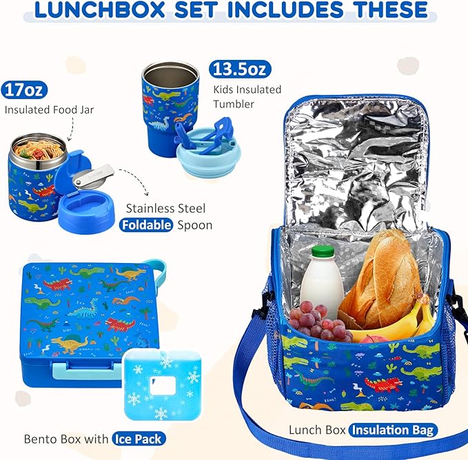 Lunch Box Set with Bento Box Container, 17OZ Stainless Steel Food Soup Thermo, Kids Water Bottle & Portable Insulated Lunch Bag, Leakproof, Hot/Cold Retention for School, Travel (Dinasour)
