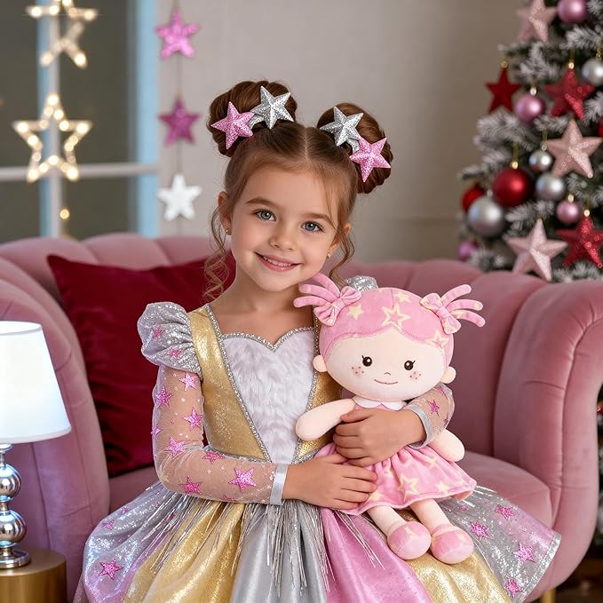 Onetoo First Baby Doll Plush Baby Girls Dolls Rag Doll Soft Baby Doll for Girls Sleeping Cuddle Buddy Doll Wear Star Pink Sleeveless Dress 14"