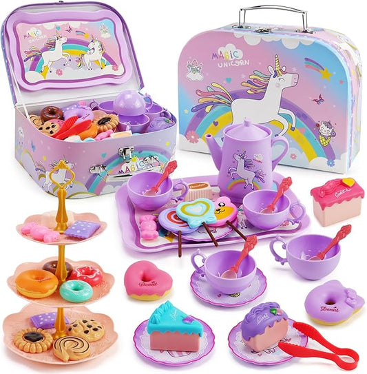 Motiloo 44Pcs Unicorn Tea Party Set for Little Girls - Kid Plastic Tea Party Set Princess Tea Time Pretend Play Tea Set Toys with Carrying Case