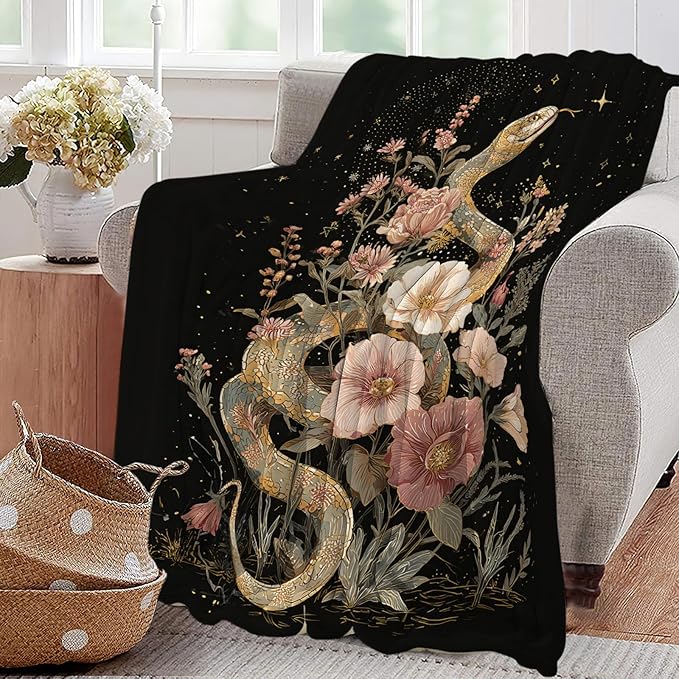 Golden Snake Blanket Fantasy Floral Reptiles Throw Blankets Gifts for Girls Boys Kids Snake Lover Soft Cozy Fleece Plush for Couch Sofa Bed 80"x60"