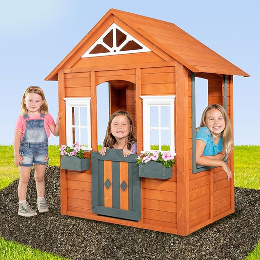 Sportspower Woodbridge Wooden Playhouse for Kids, Outdoor Backyard Playhouse with Working Door, Windows & Flowerpot Holders, Ages 3–8, Durable Finland Wood, Red