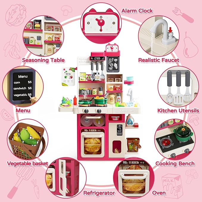 Letapapa Kids Pretend Play Kitchen Set, Kitchen Toys with Realistic Sound & Light, Cooking Stove, Sink, Play Food and Kitchen Accessories, Pretend Kitchen Playset Gifts for Toddlers Girls Boys(Red)