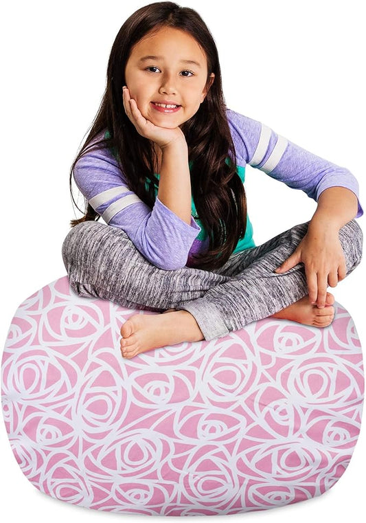 Posh Creations Kids Stuffed Animal Storage Bean Bag Chair Cover - Childrens Toy Organizer, Medium-27in, Canvas Roses Pink