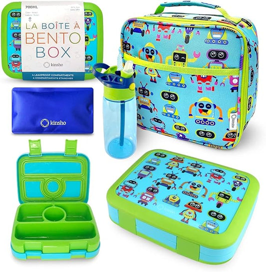 kinsho Bento Lunch Box and Insulated Bag, Water Bottle & Ice Pack Set for Kids Toddlers, 4 Portion Sections, Removable Tray, PreSchool Kid Toddler Daycare Lunches, Snack Container, Robot