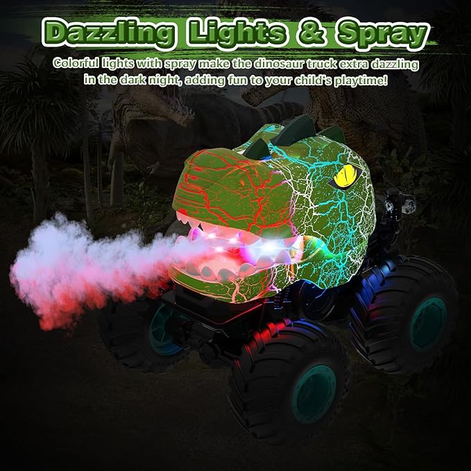 Monster Truck Toys - Remote Control Monster Truck with Spray & Light, Dinosaur Toys for Kids 5-7, 1:20 Scale 2.4 GHz RC Truck, 360° Spins Remote Control Car for Boys 4-7, Kids Christmas Birthday Gifts