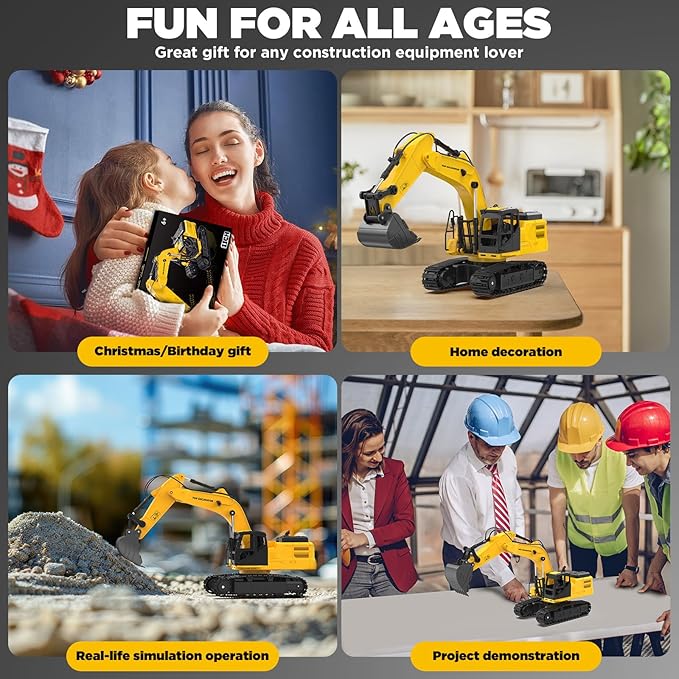 1:18 Metal RC Excavator Toy for Kids | 11-Channel Remote Control Construction Vehicle with Water Spray, Lights & Sounds, Dual 100-Min Batteries, 2025 New STEM Engineering Toy Gift for Boys Ages 6-12