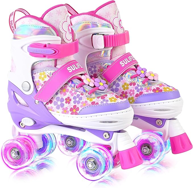 SULIFEEL Rainbow Unicorn 4 Size Adjustable Light up Roller Skates for Girls Boys for Kids