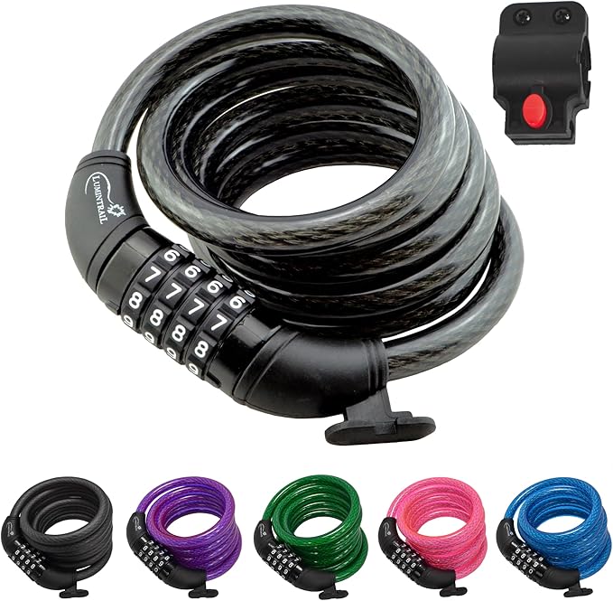 Lumintrail Combination Bike and Scooter Lock Cable - 4ft Bike Locks Heavy Duty Anti Theft with Combinations - Bike Cable Lock Combination with Mounting Bracket (1 Pack, Black)
