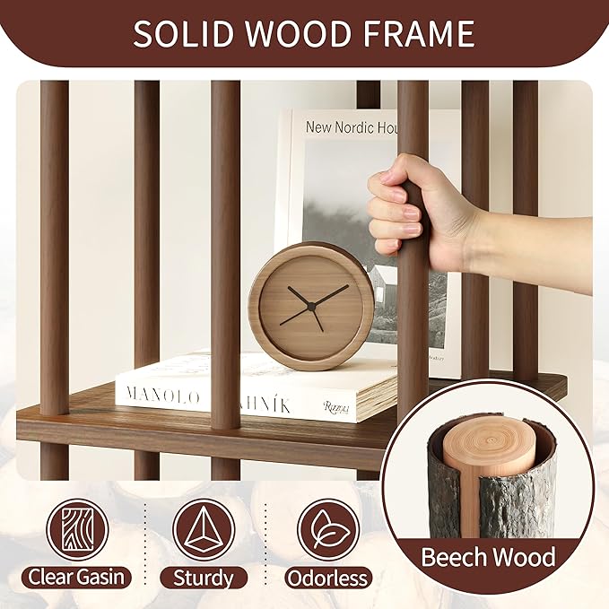 IOTXY 4-Tier Rotating Bookshelf Tower - Beech Wood Frame Spinning Bookcase with Storage Base, Tall Freestanding Revolving Shelf Organizer, Walnut